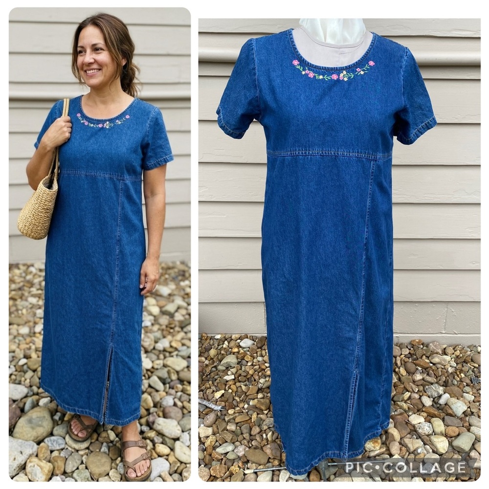 Denim Maxi Dress Blue Cotton Long Modest  Embroidered Neckline Pastel Floral L